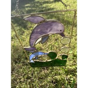 Stained Glass Sun Catcher Blue Dolphins Jumping in Green Ocean Gold Frame READ